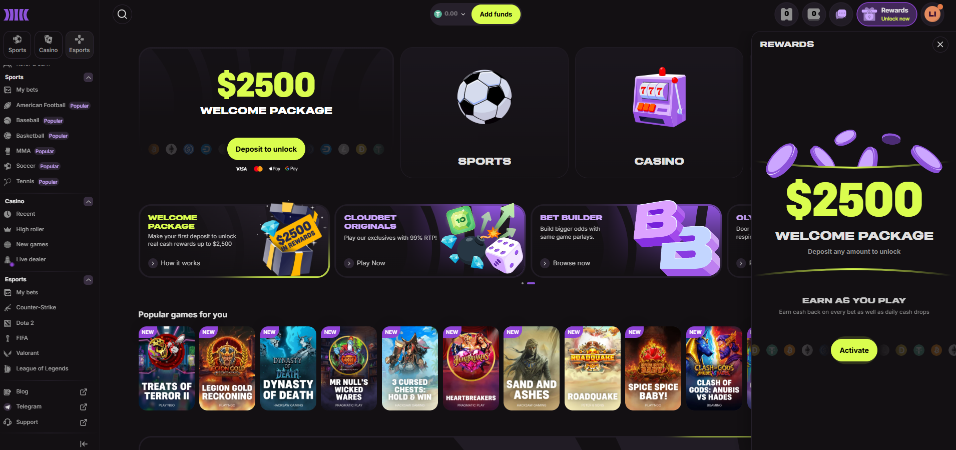 Cloudbet 2500 dollar welcome package homepage showing sports casino and originals 2026