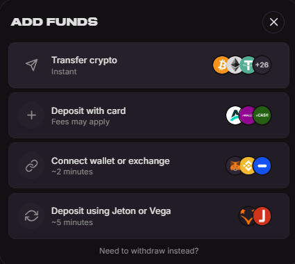 Cloudbet add funds screen showing transfer crypto card deposit wallet exchange and Jeton Vega 2026