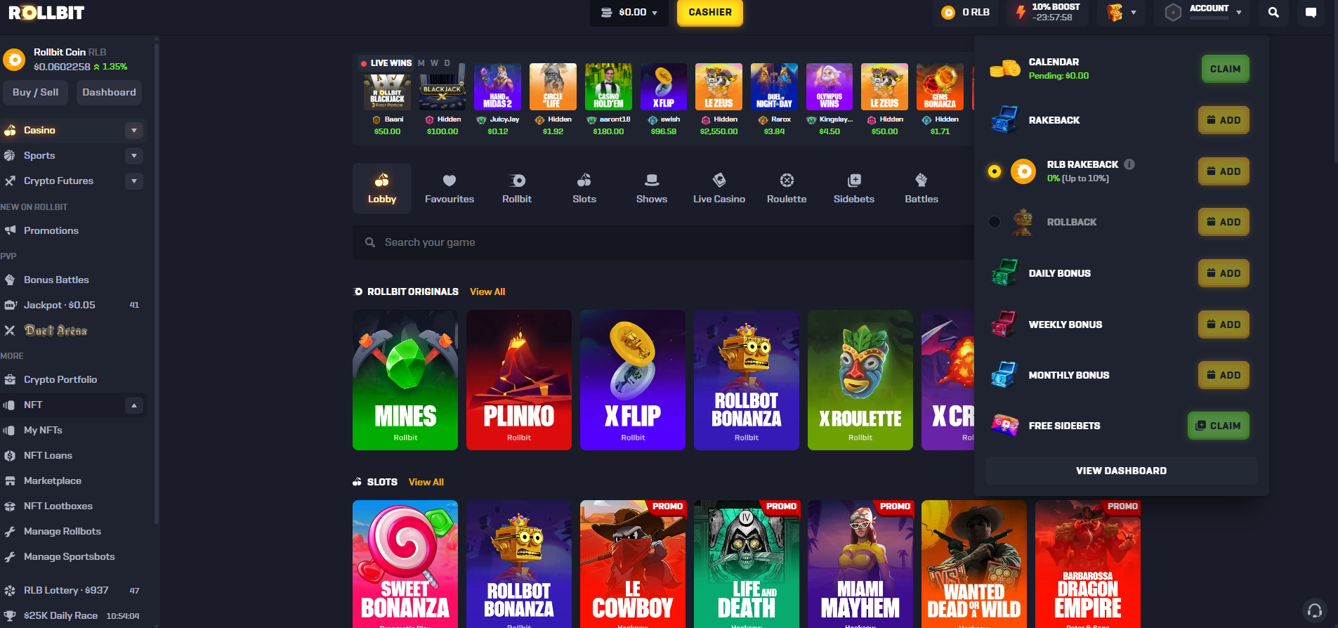 Rollbit casino lobby showing Originals Mines Plinko X Flip Rollbot Bonanza and rewards dashboard 2026