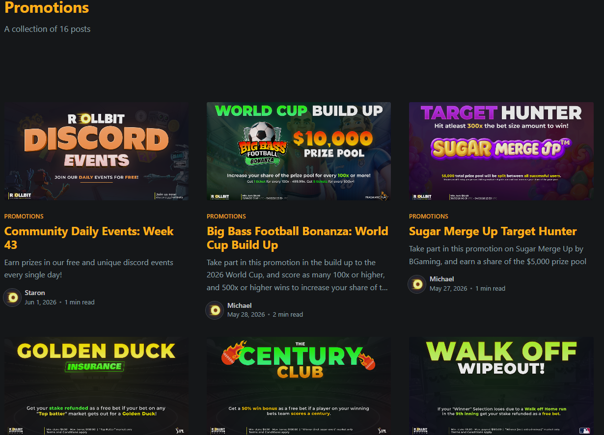 Rollbit promotions page showing Discord Events World Cup Build Up Target Hunter Golden Duck 2026