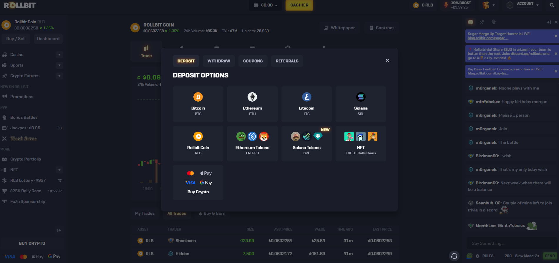Rollbit deposit options Bitcoin Ethereum Litecoin Solana Rollbit Coin NFT Buy Crypto 2026
