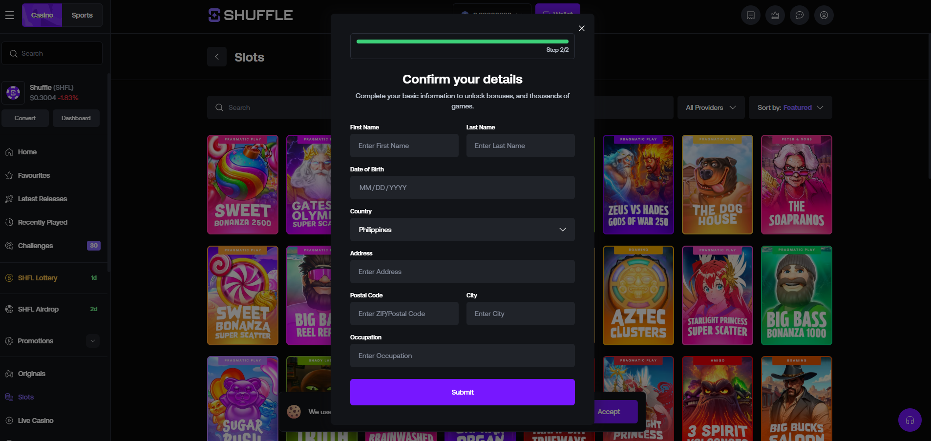 Shuffle KYC verification form requesting name, date of birth, country and address 2026