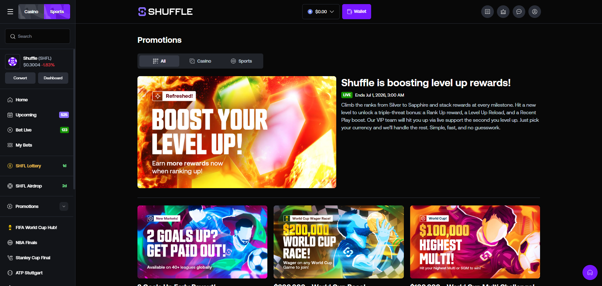 Shuffle promotions page 2026 showing level up rewards boost and weekly offers