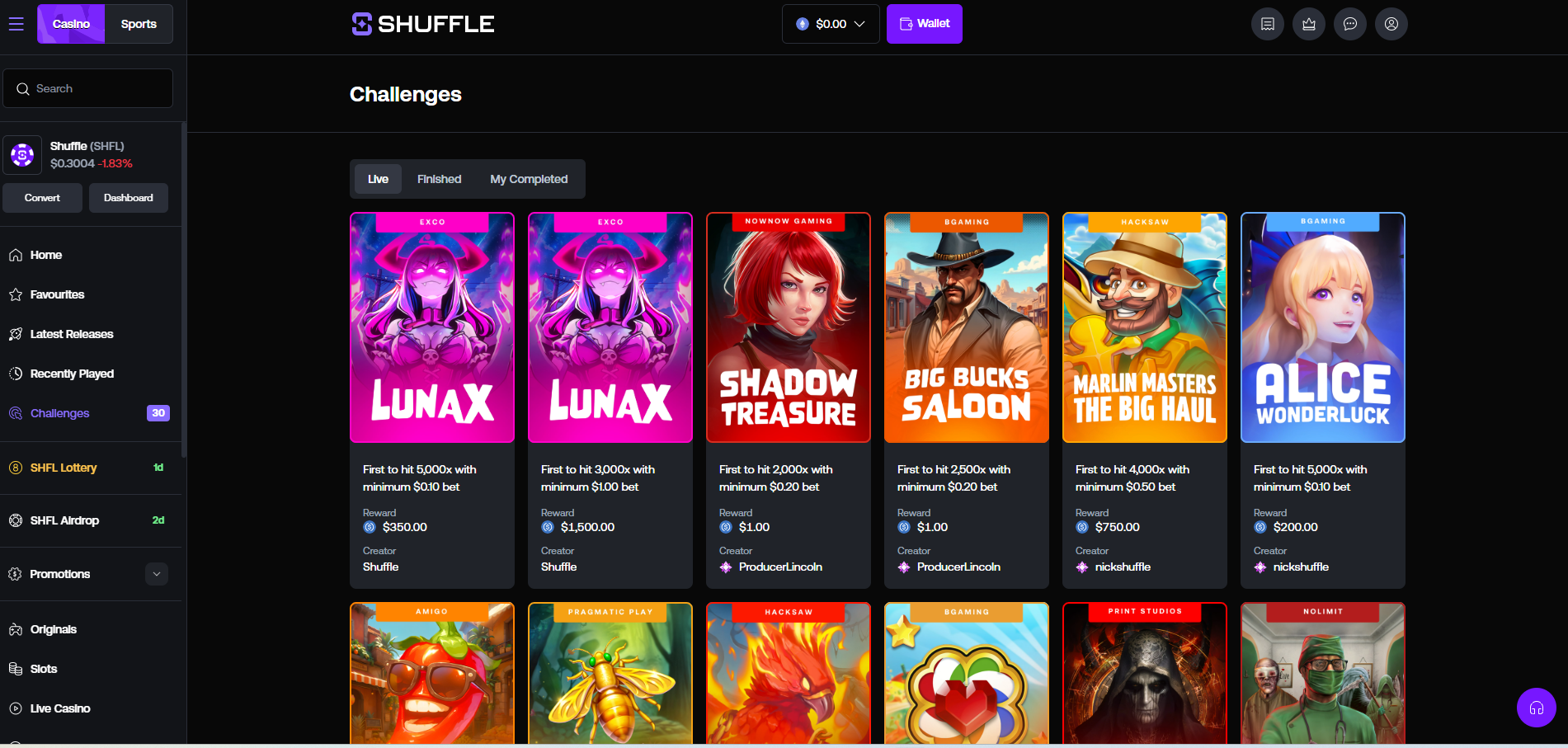 Shuffle casino challenges lobby 2026 with slot games and SHFL token features