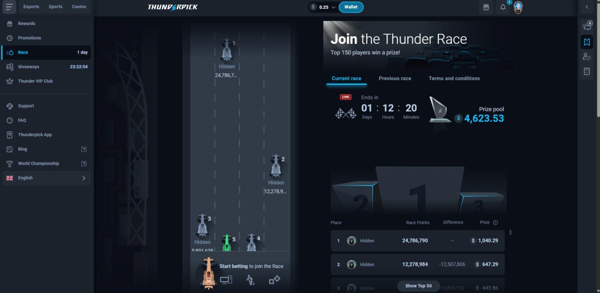 Thunderpick Thunder Race June 2026 with live leaderboard and prize pool paying the top 150 players
