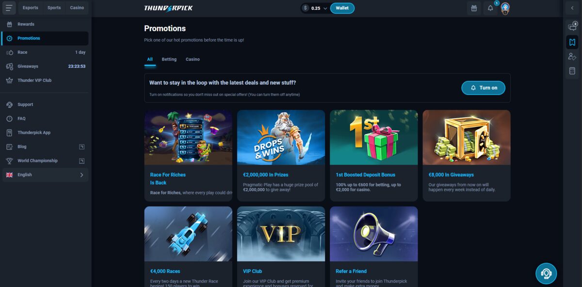 Thunderpick promotions page 2026 with dual welcome bonus, Drops and Wins, races, giveaways and VIP Club tiles