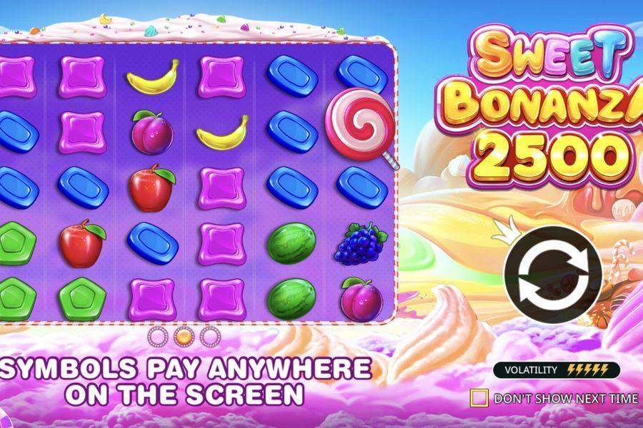 Sweet Bonanza 2500 base game showing the 6x5 scatter pays grid with fruit and candy symbols and Symbols Pay Anywhere on Screen