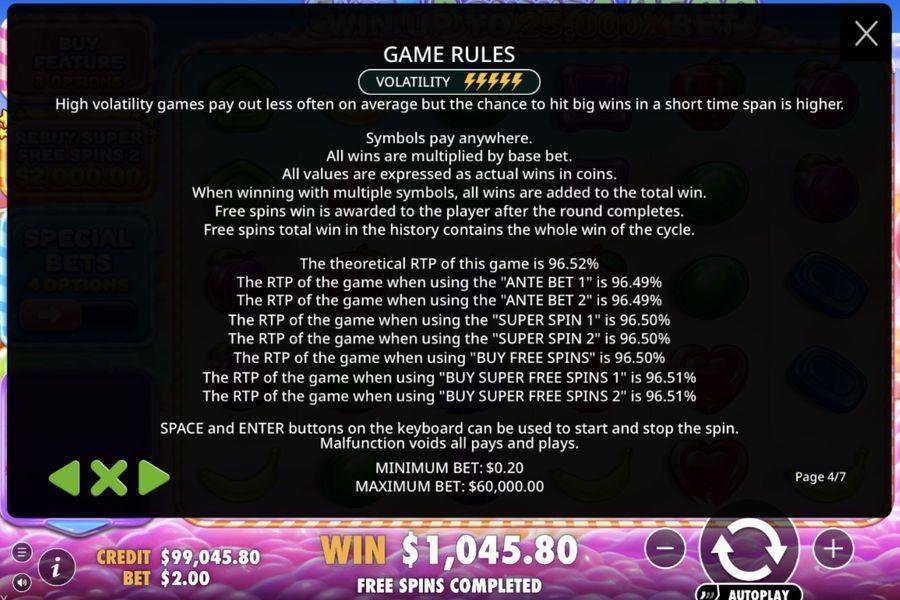 Sweet Bonanza 2500 game rules panel showing certified RTP 96.52%, high volatility indicator, all RTP variants, and Free Spins Completed win of $1,045.80