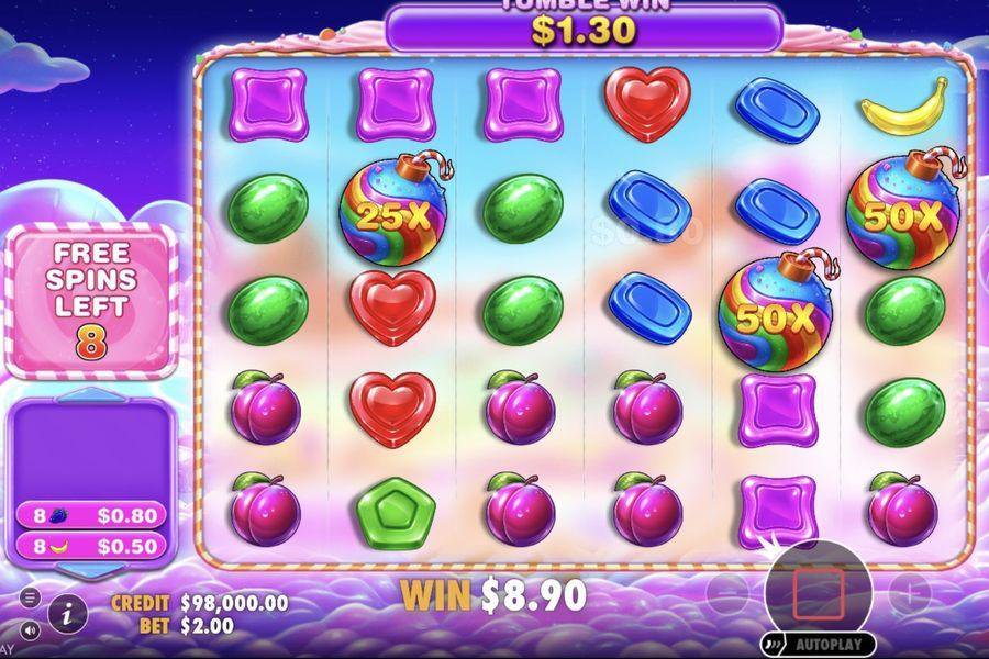 Sweet Bonanza 2500 free spins active showing 25x and 50x candy bomb multipliers on the grid, 8 free spins remaining, tumble win of $8.90 at $2 stake