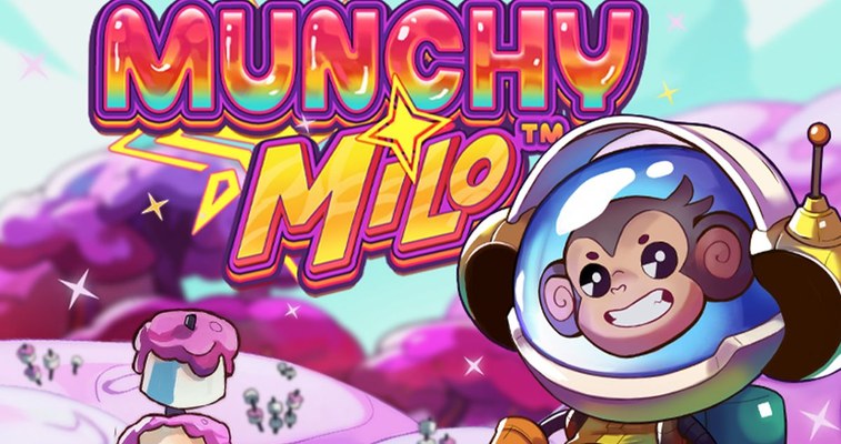 Munchy Milo slot by Hacksaw Gaming featuring Milo the astronaut monkey character and game logo on a candy planet background