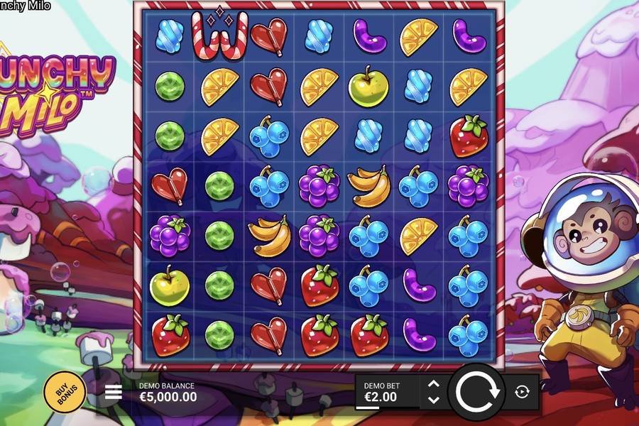 Munchy Milo base game showing the 7x7 cluster pays grid with fruit and candy symbols, Milo astronaut character on the right, Buy Bonus button visible
