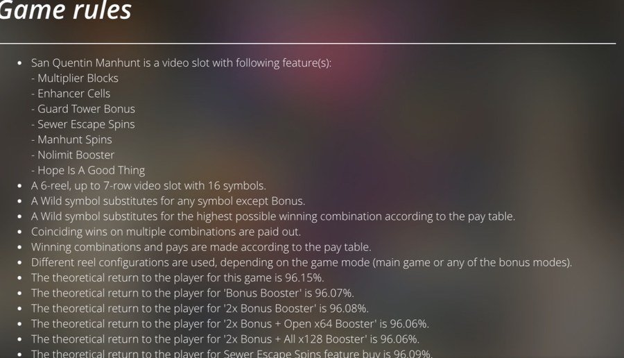 San Quentin Manhunt Game Rules panel listing all 6 feature modes, confirming RTP 96.15 percent and Nolimit Booster RTP variants