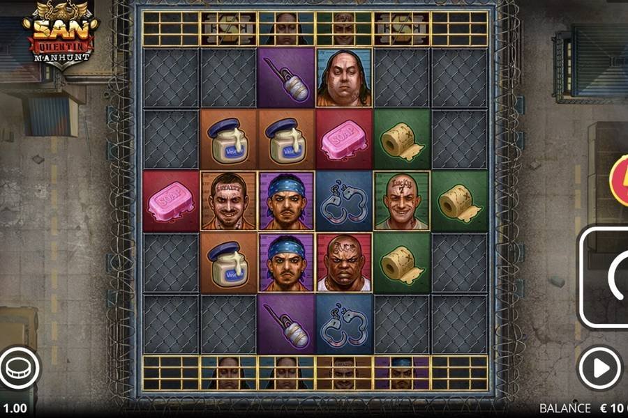 San Quentin Manhunt base game showing the asymmetric 1-3-5-5-3-1 grid with prisoner character symbols, handcuffs, soap and barbed wire environment