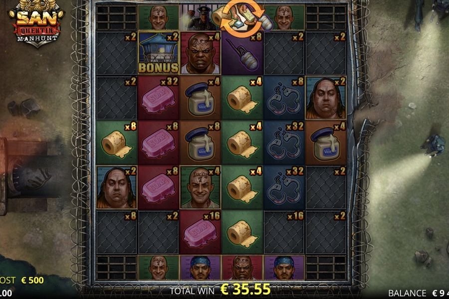 San Quentin Manhunt bonus session showing Multiplier Blocks x2 to x32 active on the grid, BONUS symbol, xWays expansion, Total Win at a 1-equivalent stake