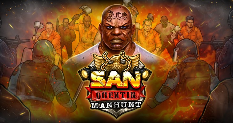 San Quentin Manhunt slot by Nolimit City showing Ace character, prisoner riot, SWAT team and game logo on fire background