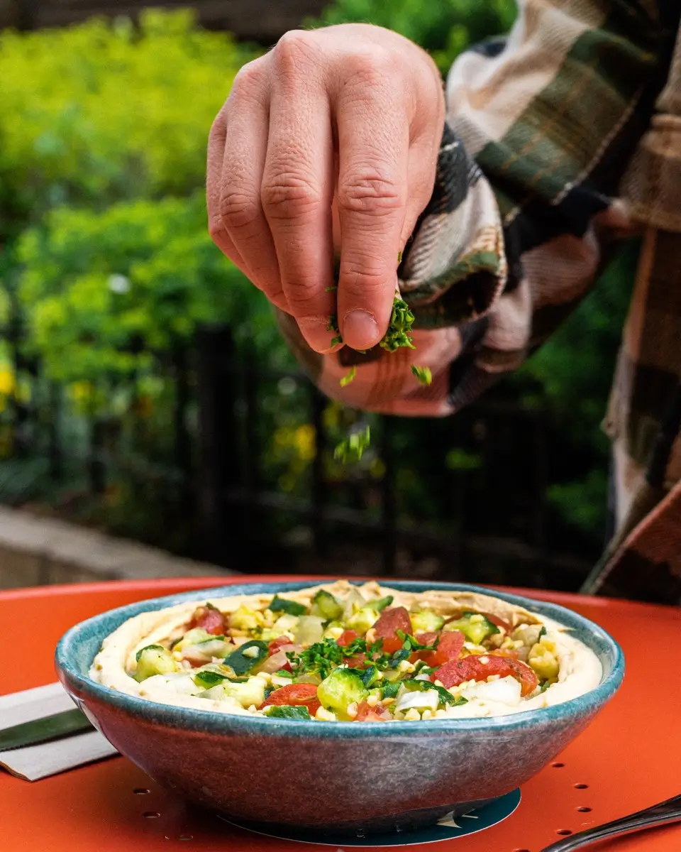 Hand garnishing a hummus bowl dish