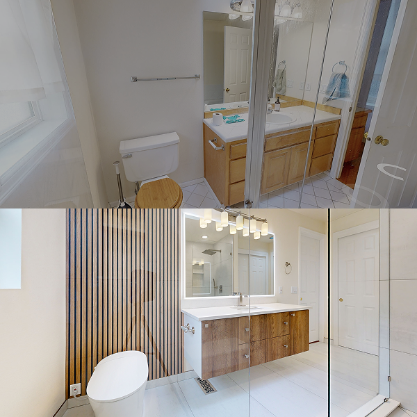 Before and after bathroom comparison: cramped toilet area transformed into open space with wooden slat accent wall and floating vanity.