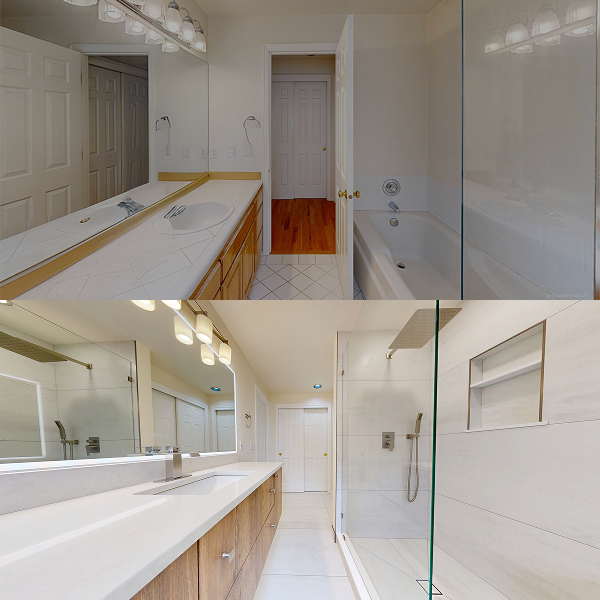 Before and after comparison: traditional bathroom with bathtub transformed into modern shower with hexagonal tile feature wall.