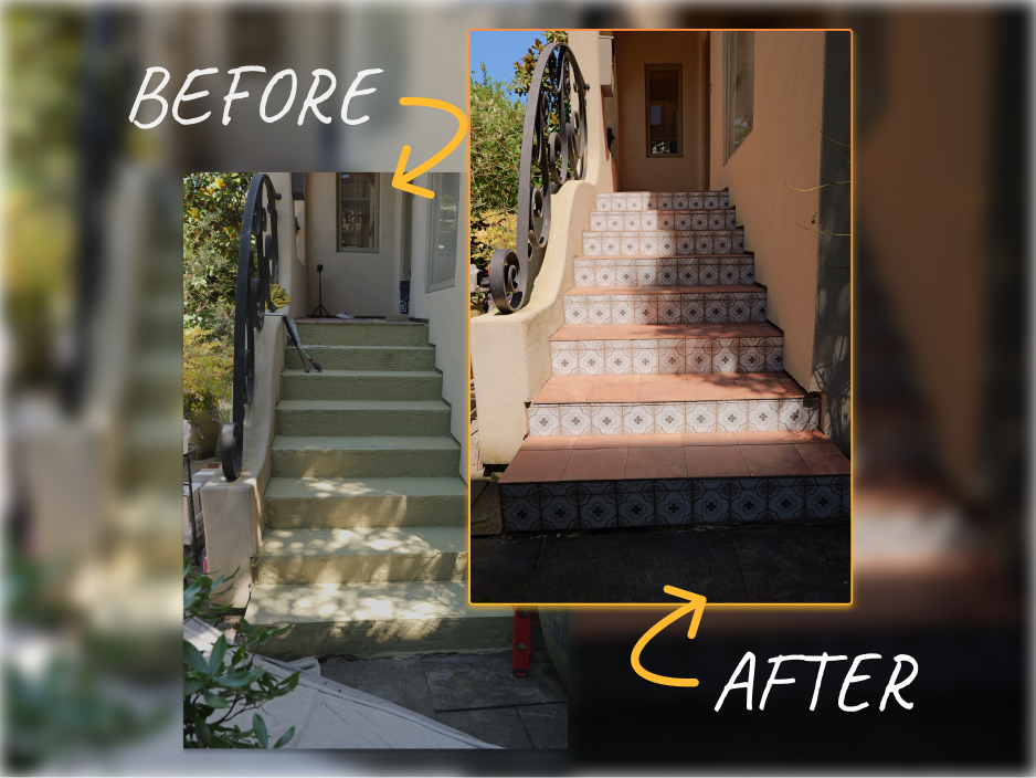 Side-by-side comparison showing the staircase before and after the tile renovation. The left shows plain green-painted concrete steps; the right reveals finished steps with terracotta treads and patterned tile risers.