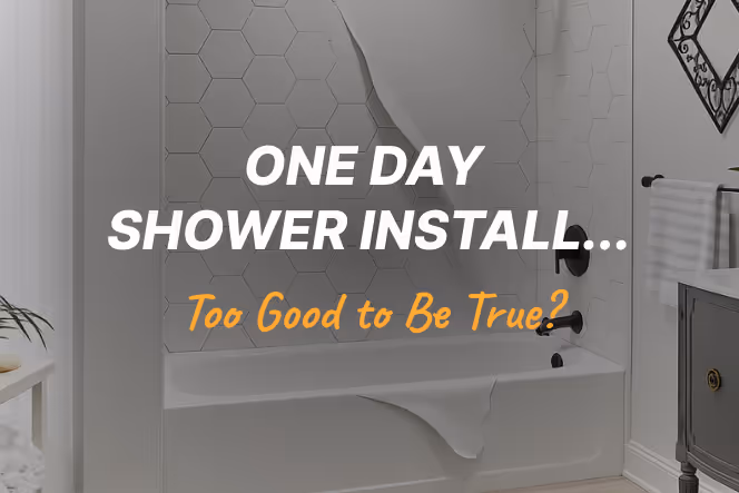 A new shower tile wall peeling back to reveal the surface underneath, illustrating the risks of a one day shower install.