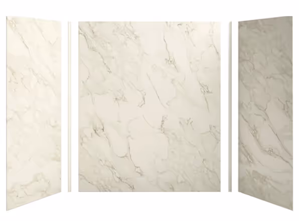 A three-piece pre-made acrylic shower wall surround with a white and gray marble pattern.