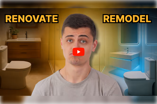 Split-screen thumbnail showing a confused man between “Renovate” and “Remodel” bathrooms.