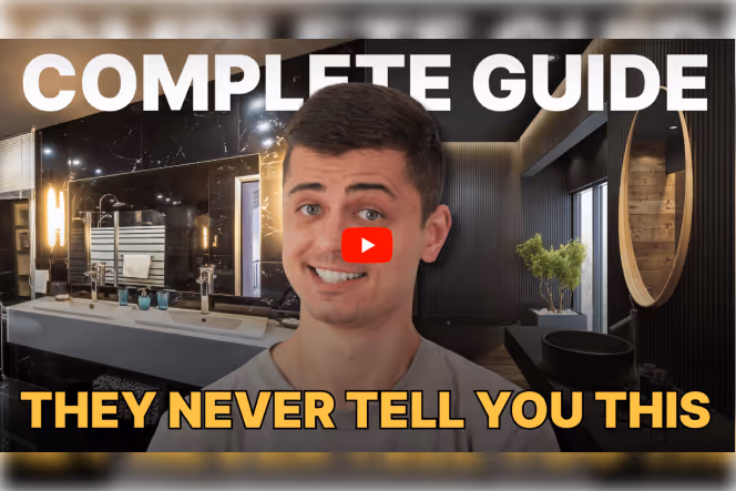 YouTube thumbnail with smiling man, bold text "Complete Guide" and "They Never Tell You This," over a luxury bathroom background.