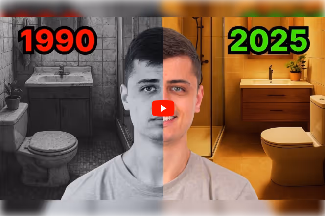 Split-screen of an old 1990 bathroom and a modern 2025 bathroom with a man’s face in the center.