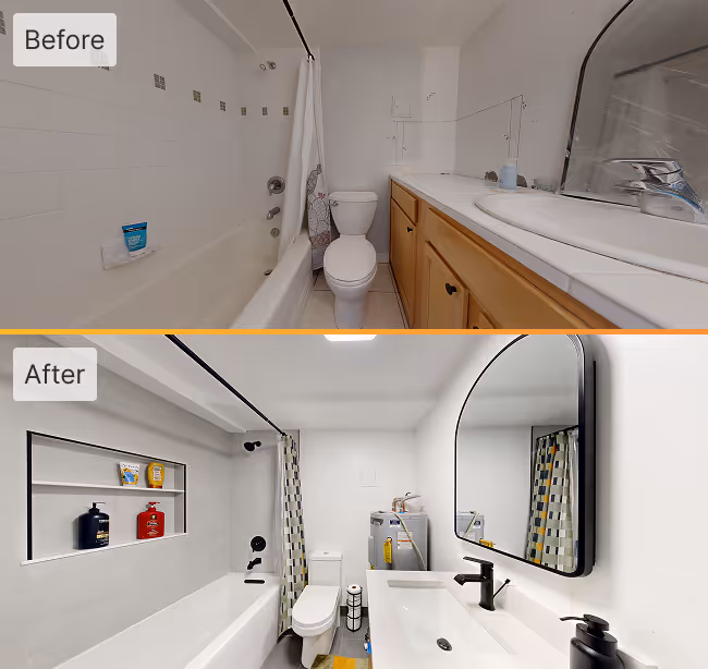 Side-by-side before and after of a Queen Anne bathroom remodel showing old vanity replaced with modern sink and updated finishes.