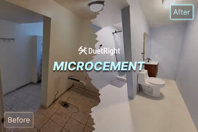 Before-and-after image showing a Kirkland bathroom transformed with a seamless microcement finish.