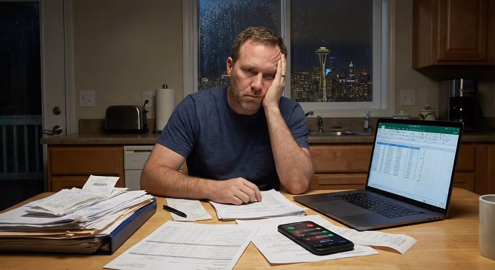 Stressed Seattle landlord reviewing bills and rental finances late at night, showing the burden of self-managing a rental property.