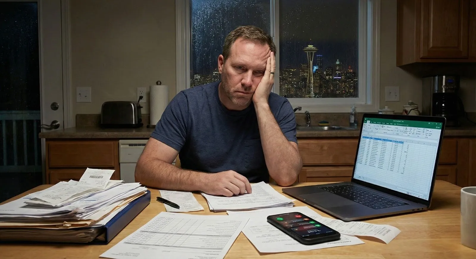 Stressed Seattle landlord reviewing bills and rental finances late at night, showing the burden of self-managing a rental property.