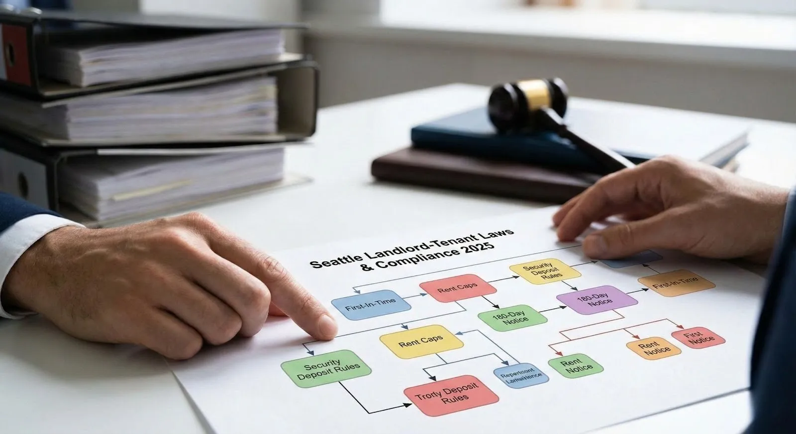 Hands reviewing a Seattle landlord-tenant law compliance chart, highlighting the complexity of rental regulations and legal requirements.