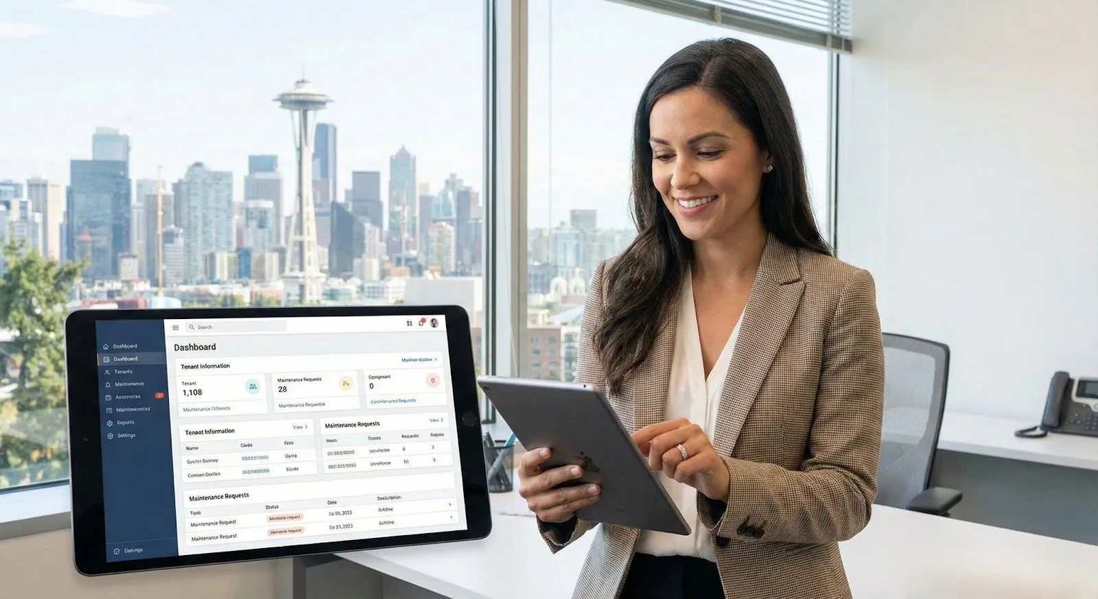 Seattle property manager reviewing rental performance on a digital dashboard, illustrating streamlined professional property management.