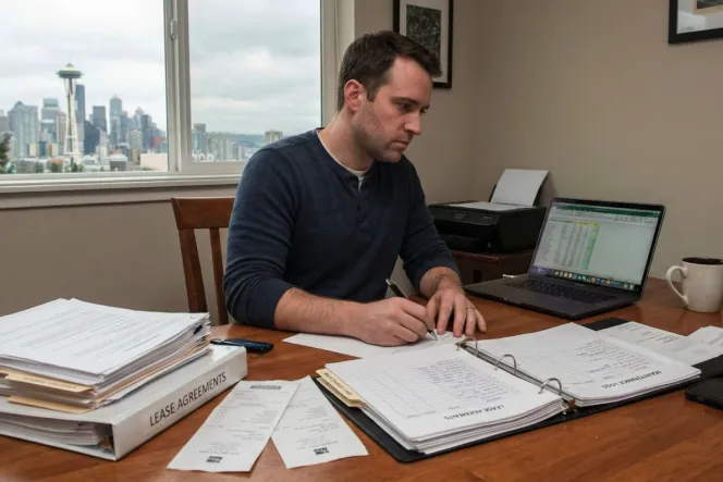 Seattle landlord reviewing lease documents and rental finances at a home office desk, highlighting the time involved in self-managing a rental property.
