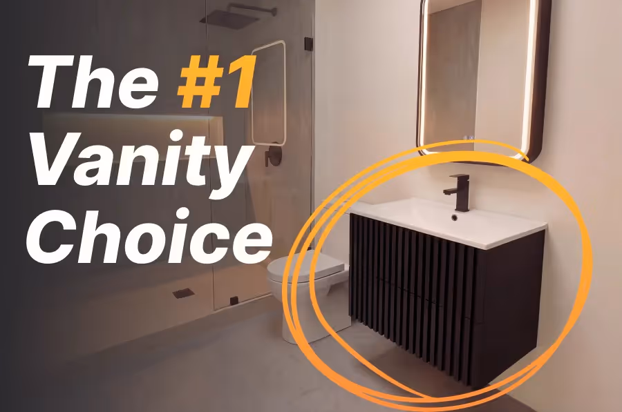 Blog post thumbnail for DuetRight's floating vanity guide featuring a ribbed black wall-mounted vanity with LED mirror