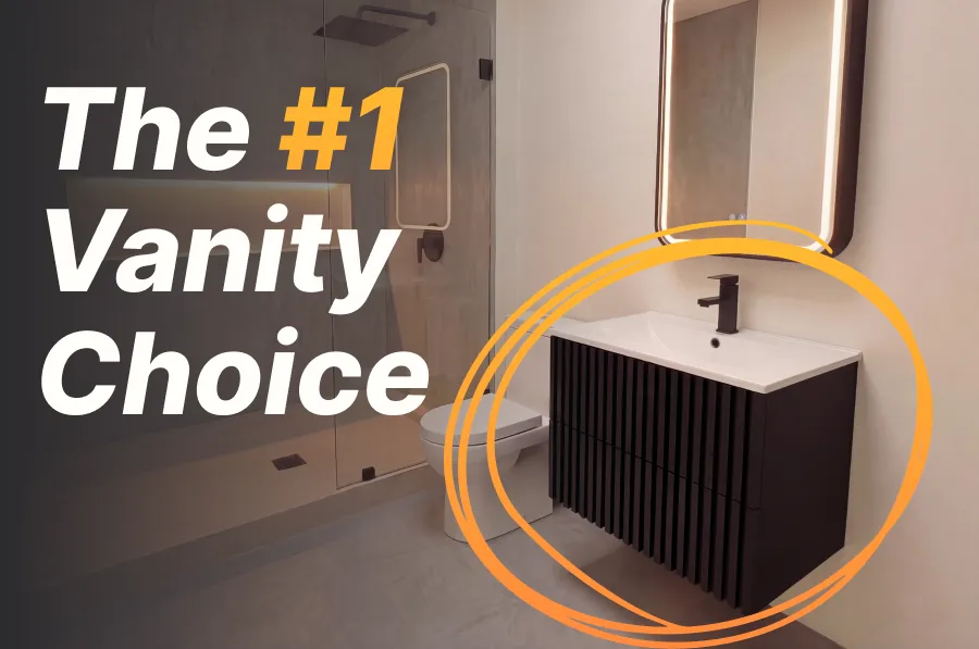 Blog post thumbnail for DuetRight's floating vanity guide featuring a ribbed black wall-mounted vanity with LED mirror