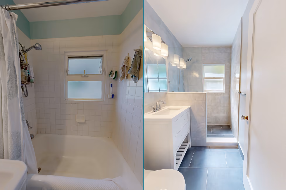 Side-by-side before and after of a Capitol Hill tub-to-walk-in-shower conversion by DuetRight
