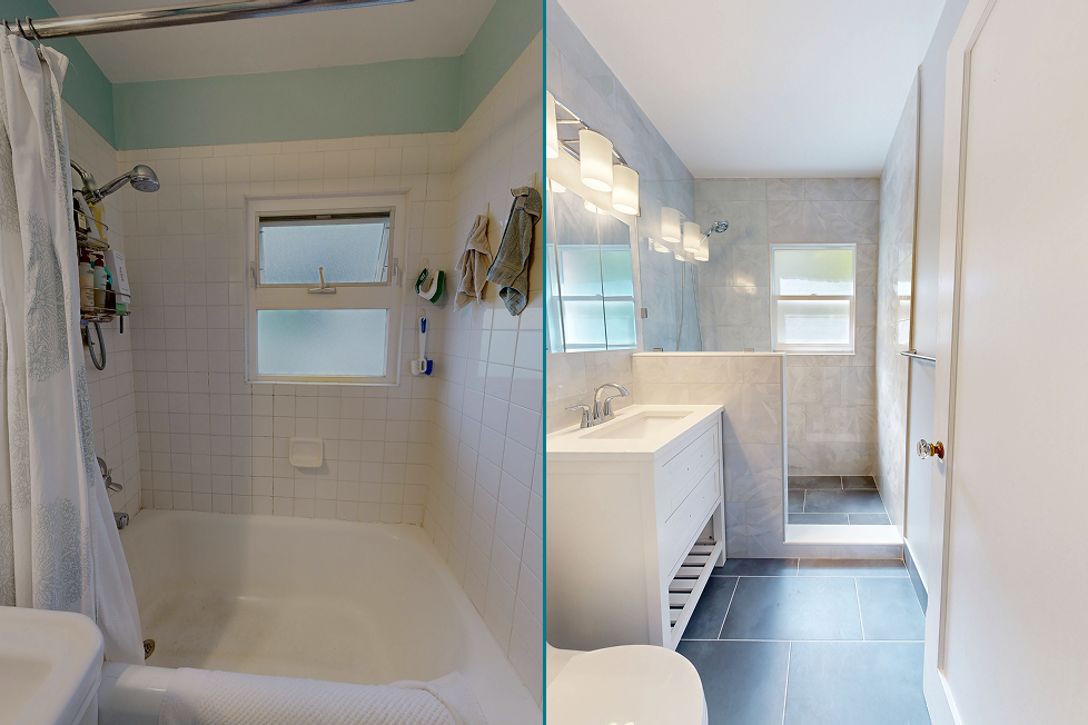 Side-by-side before and after of a Capitol Hill tub-to-walk-in-shower conversion by DuetRight
