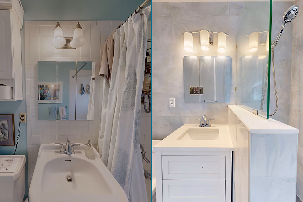 Before and after of a bathroom vanity wall, from pedestal sink to full vanity with pony wall and glass panel