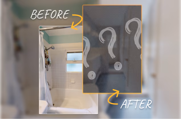 Before photo of a 1928 Capitol Hill bathroom beside a hidden after photo marked with question marks, teasing the remodel reveal