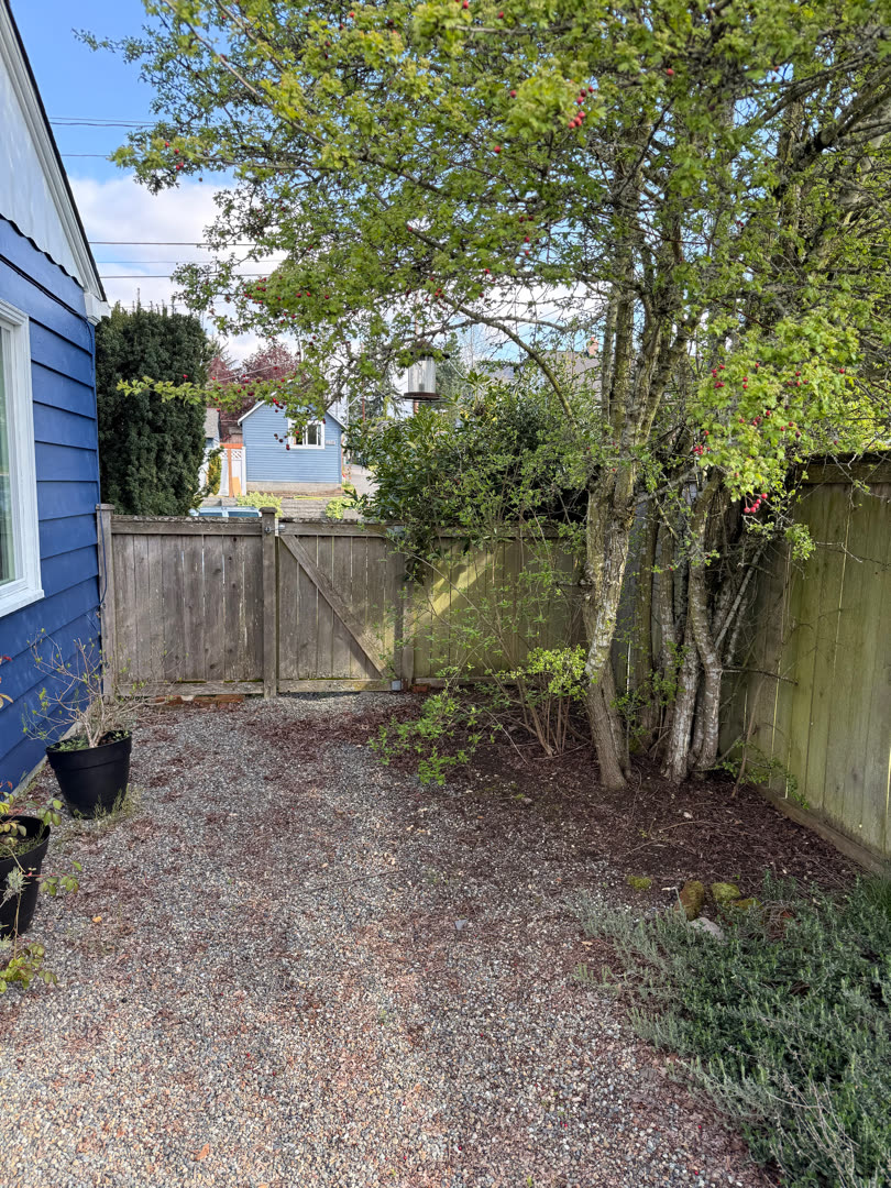 Original weathered fence and gate beside a blue house.