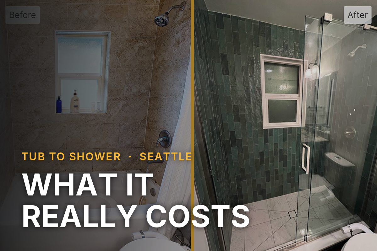 Before and after of a Seattle tub-to-shower conversion, captioned "Tub to shower, Seattle: what it really costs."