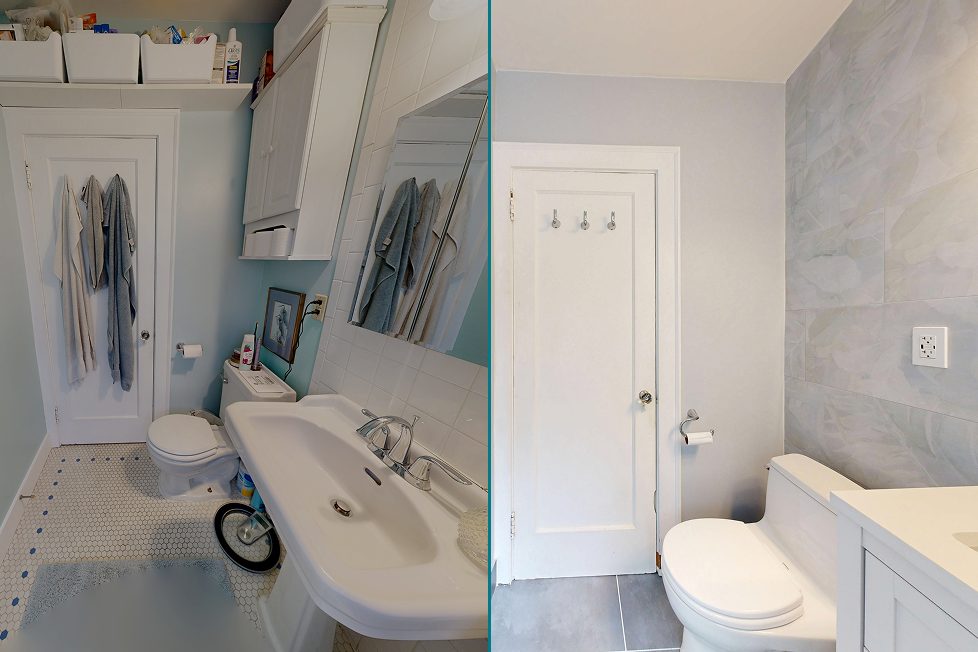 Before and after of a 1928 Seattle condo bathroom doorway, from crowded storage to clean chrome hooks