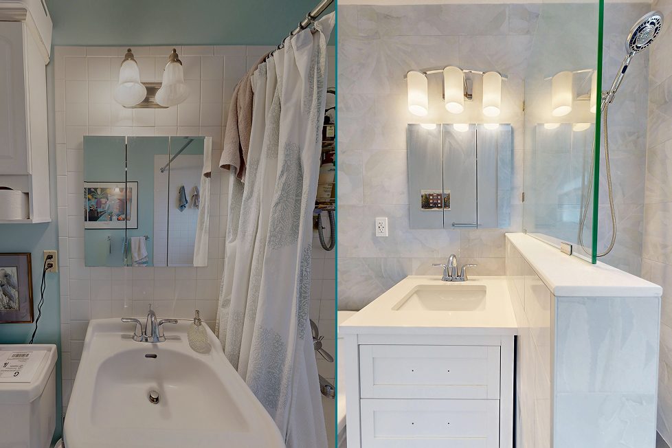 Before and after of a bathroom vanity wall, from pedestal sink to full vanity with pony wall and glass panel