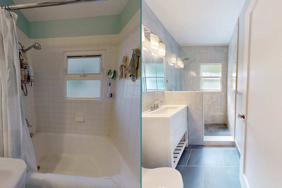 Side-by-side before and after of a Capitol Hill tub-to-walk-in-shower conversion by DuetRight
