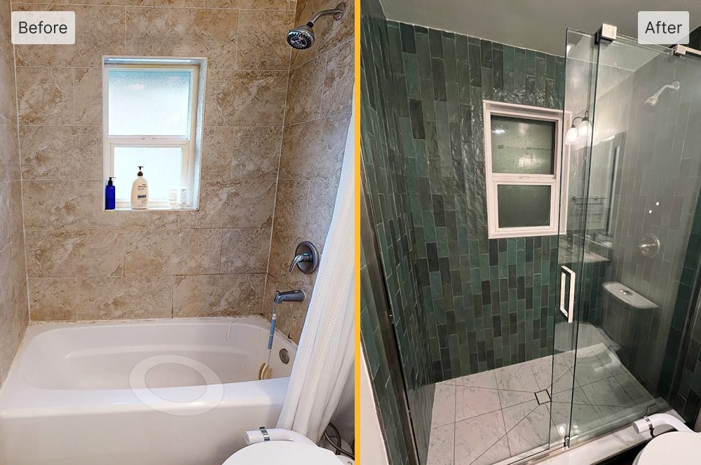 Before-and-after bathroom renovation showing a tub converted into a modern walk-in shower with green tile walls and glass enclosure.
