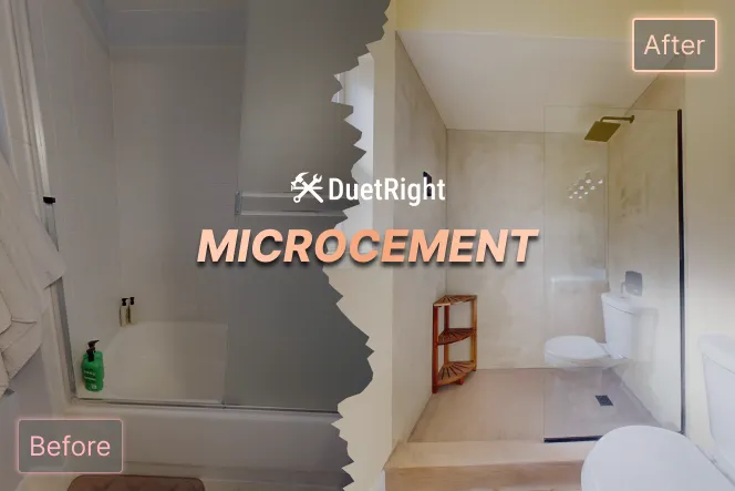 Before and after: dated tub-shower combo transformed into an open microcement walk-in shower in West Seattle.