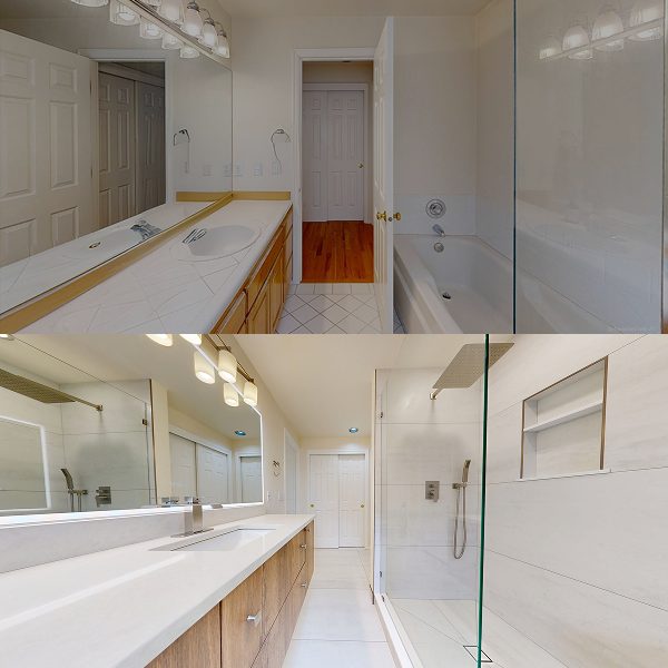 Before and after comparison: traditional bathroom with bathtub transformed into modern shower with hexagonal tile feature wall.