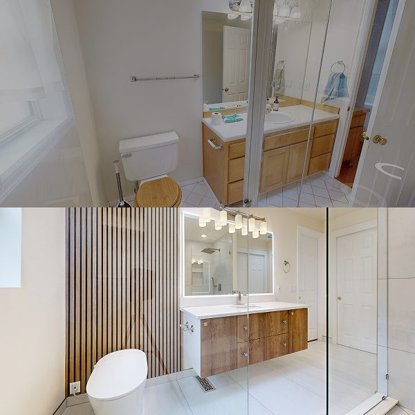 Before and after bathroom comparison: cramped toilet area transformed into open space with wooden slat accent wall and floating vanity.